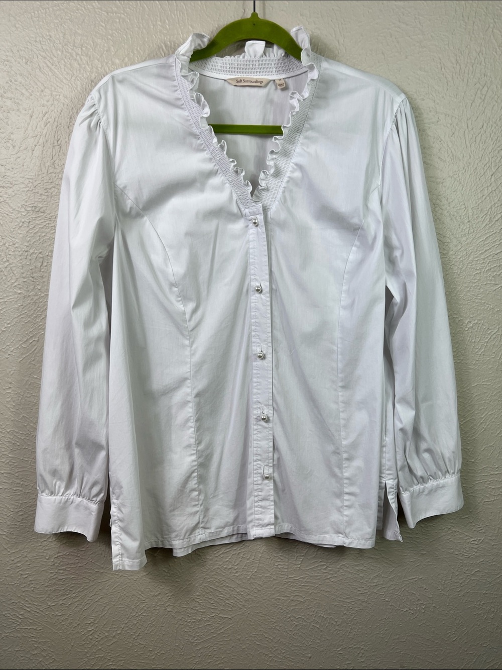 Soft Surroundings White Ruffle Neckline Long Sleeve Pearl Button Blouse 1X